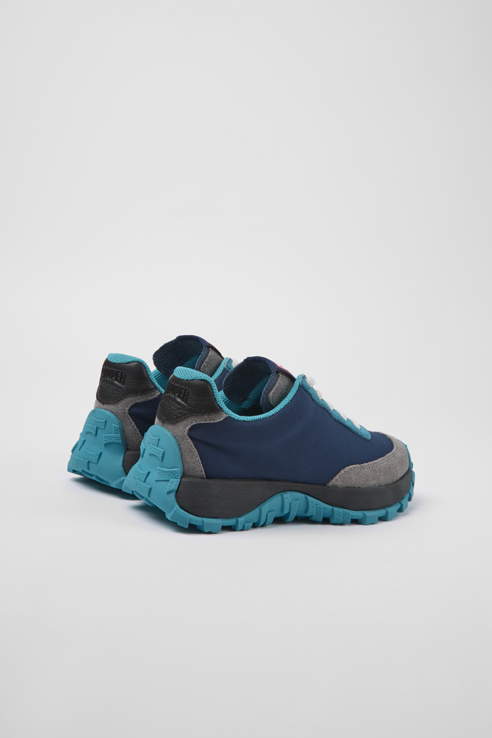 Back view of Drift Trail Blue textile and leather sneakers for kids