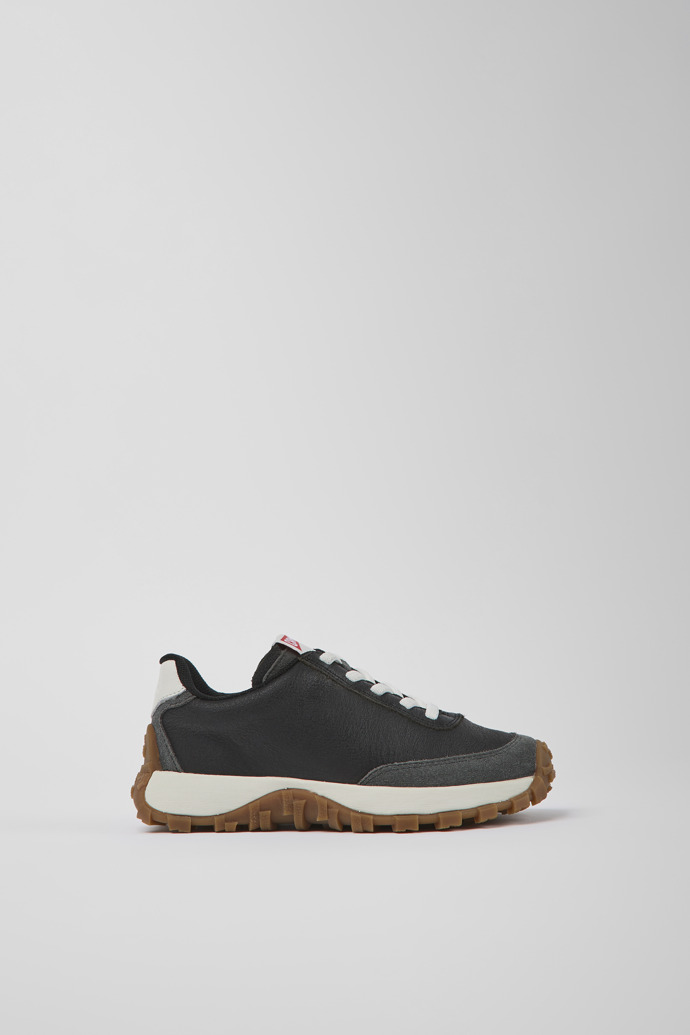 Side view of Drift Trail Black leather and nubuck sneakers for kids