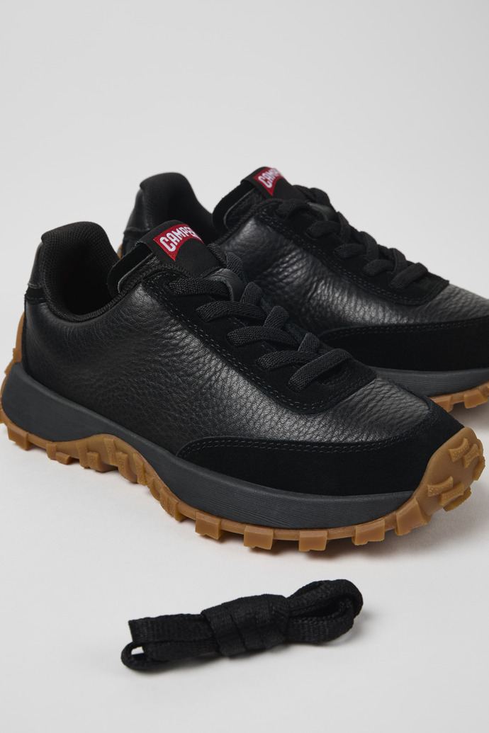 Close-up view of Drift Trail Black Leather and Nubuck Sneaker for kids