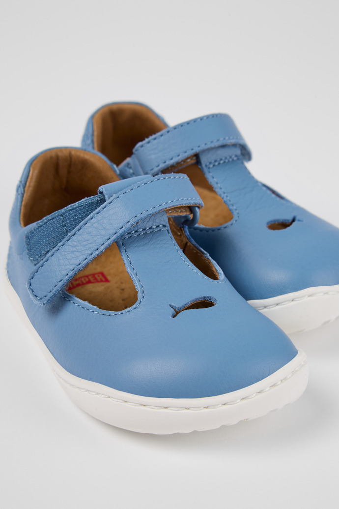 Close-up view of Twins Blue Leather T-Strap Shoe