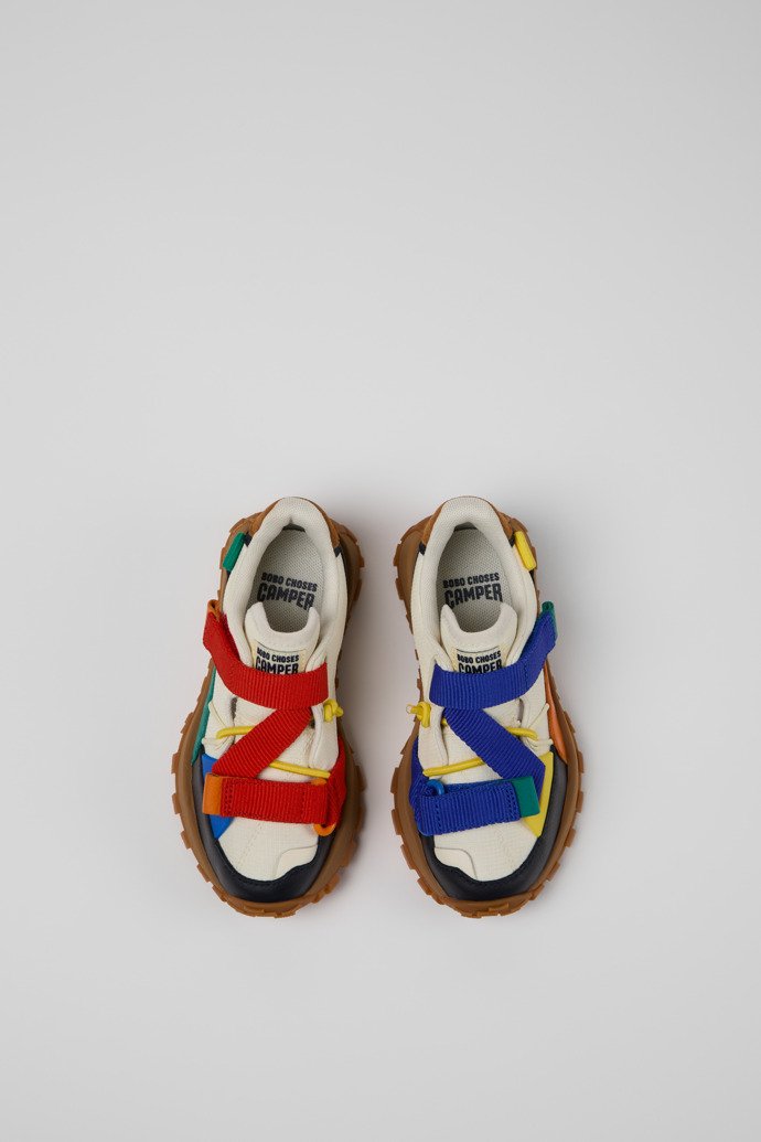 Overhead view of Bobo Choses x Camper Multicolor Textile and Leather Semi-Open Shoes for Kids.