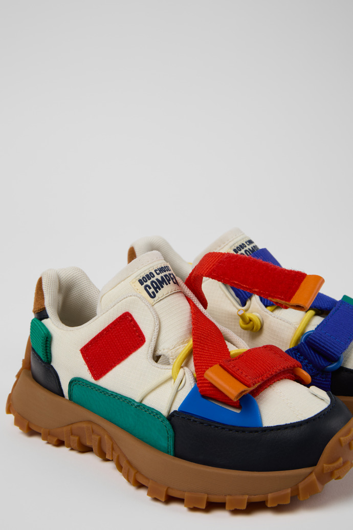 Close-up view of Bobo Choses x Camper Multicolor Textile and Leather Semi-Open Shoes for Kids.