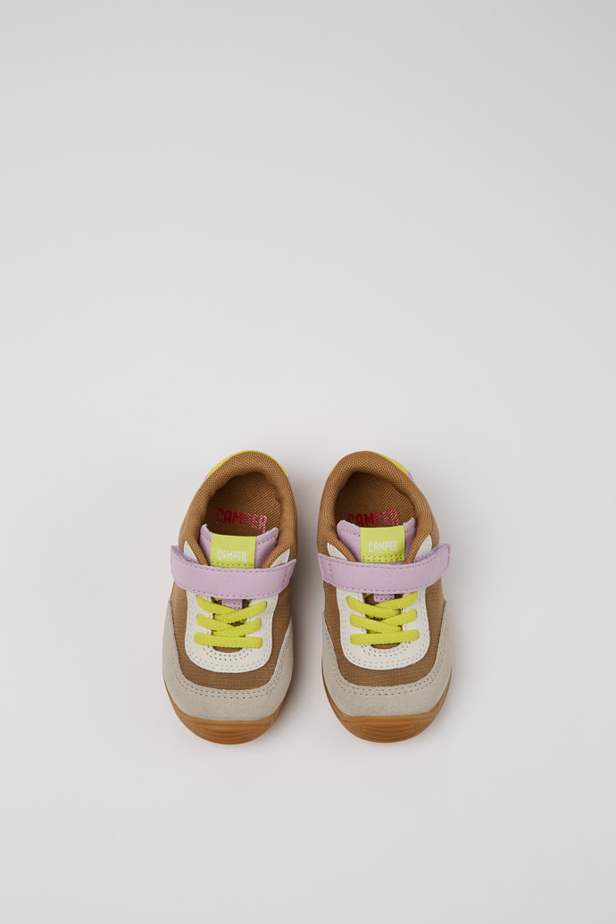 Overhead view of Dadda Brown textile and leather sneakers for kids