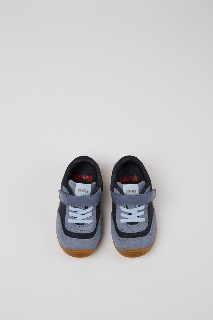 Overhead view of Dadda Blue textile and nubuck sneakers for kids