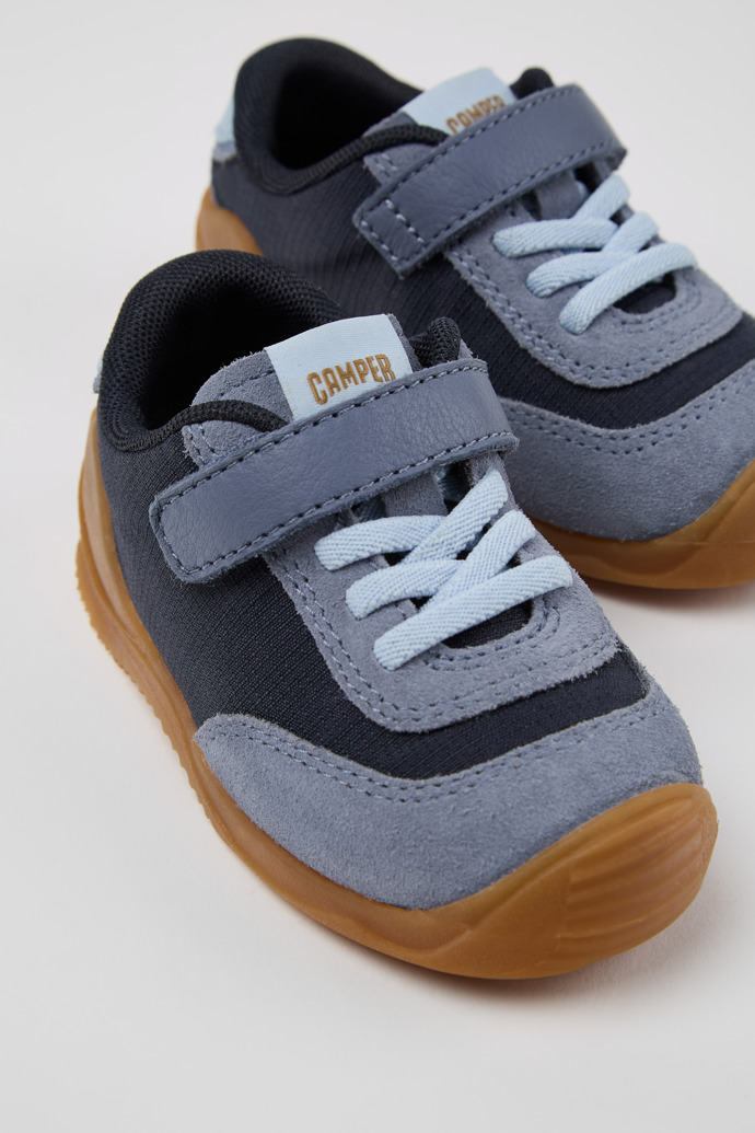 Close-up view of Dadda Blue textile and nubuck sneakers for kids