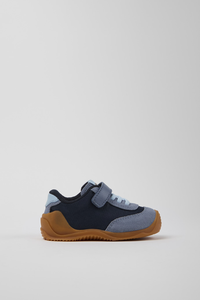 Side view of Dadda Blue textile and nubuck sneakers for kids