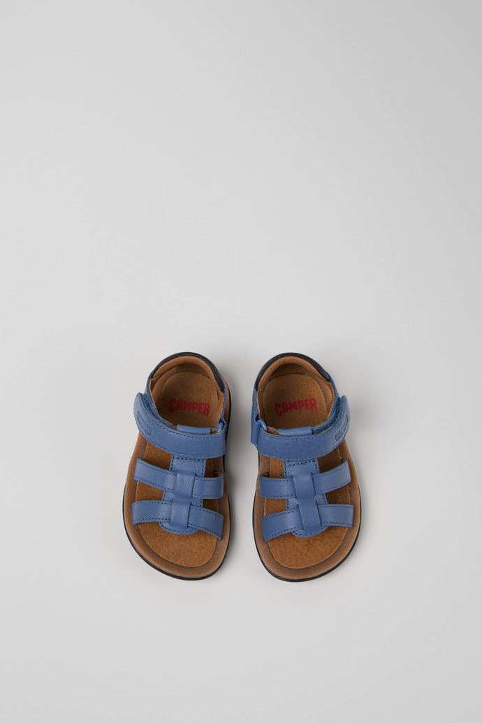 Overhead view of Bicho Blue Leather Kids' Sandal.