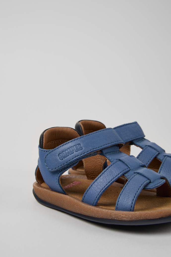 Close-up view of Bicho Blue Leather Kids' Sandal.