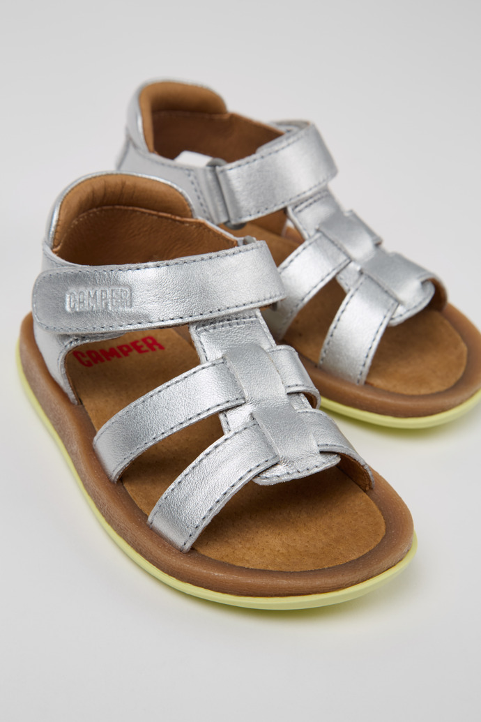 Close-up view of Bicho Silver Leather Kids' Sandal.