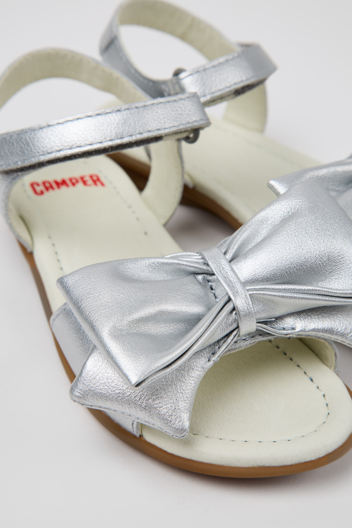 Close-up view of Right Silver Leather Sandals for Kids.