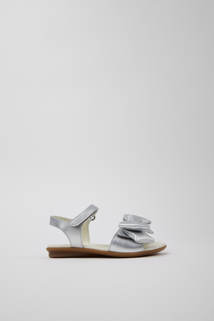 Side view of Right Silver Leather Sandals for Kids.