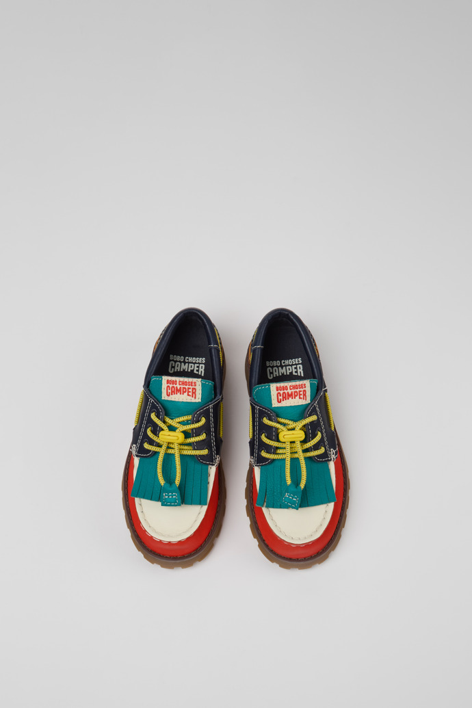 Overhead view of Bobo Choses x Camper Multicolor Leather and Nubuck Moccasins for Kids.