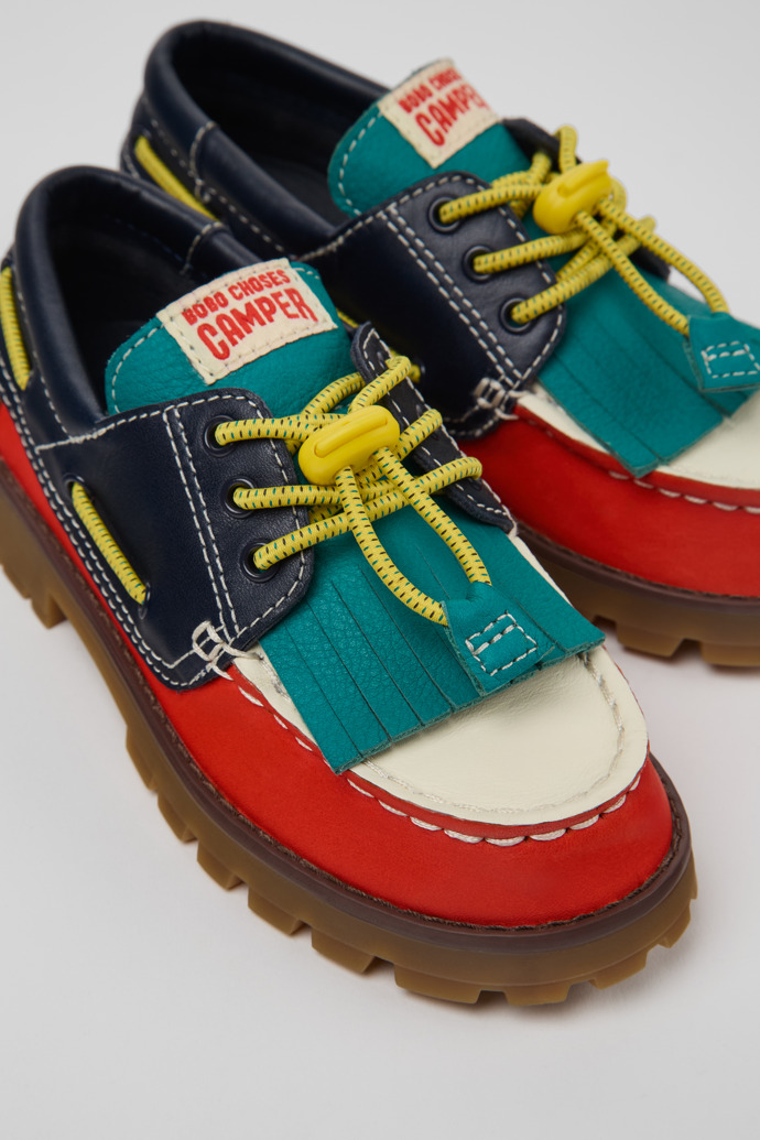 Close-up view of Bobo Choses x Camper Multicolor Leather and Nubuck Moccasins for Kids.