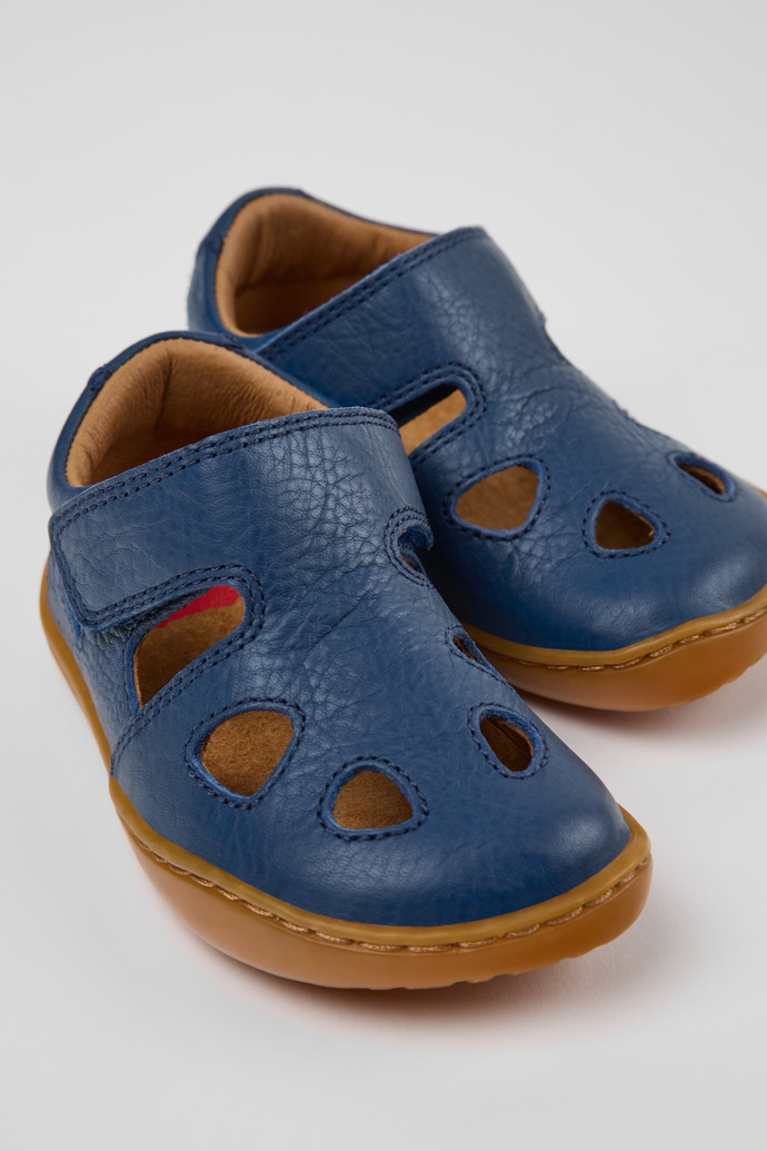 Close-up view of Peu Blue Leather Closed Sandals for kids.