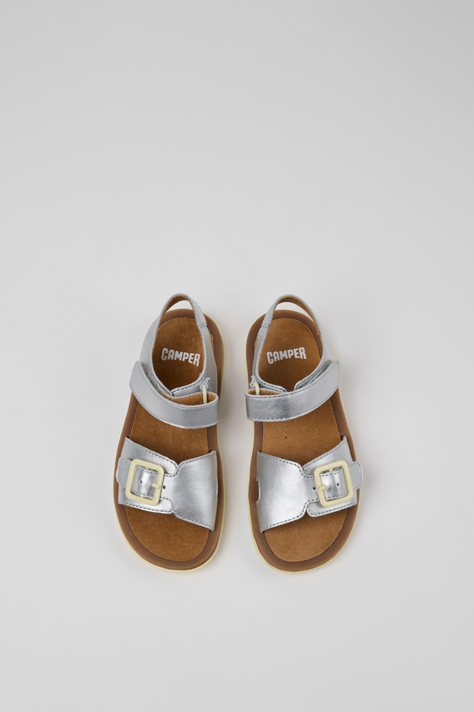 Overhead view of Bicho Gray Leather Sandals for kids.