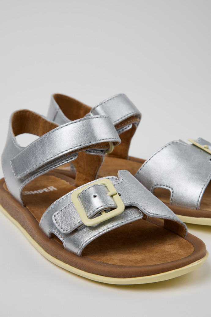 Close-up view of Bicho Gray Leather Sandals for kids.
