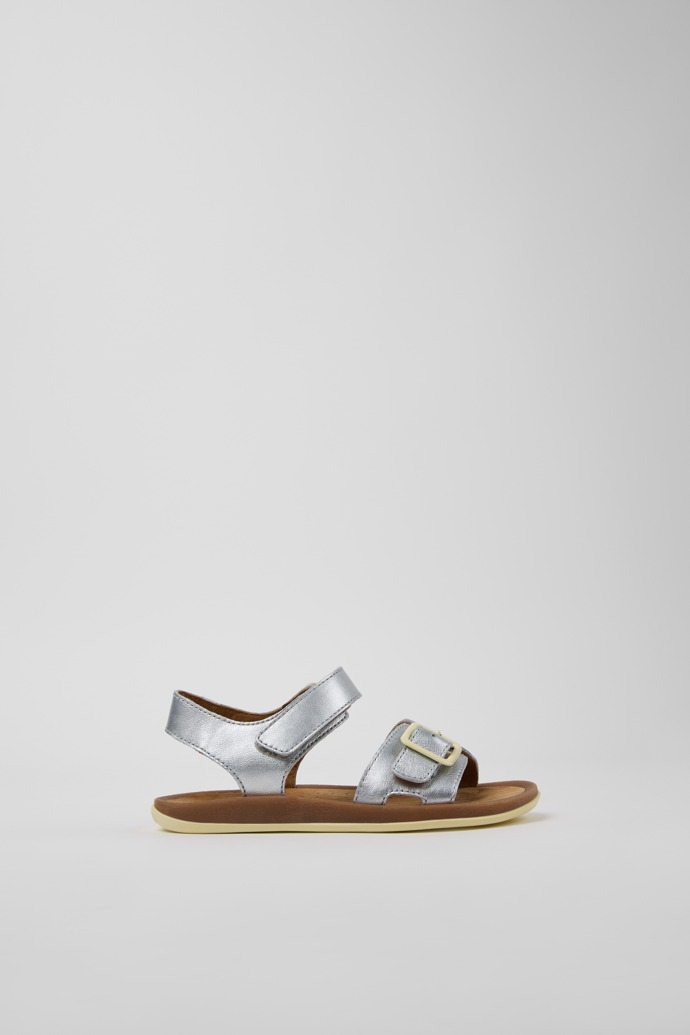 Side view of Bicho Gray Leather Sandals for kids.