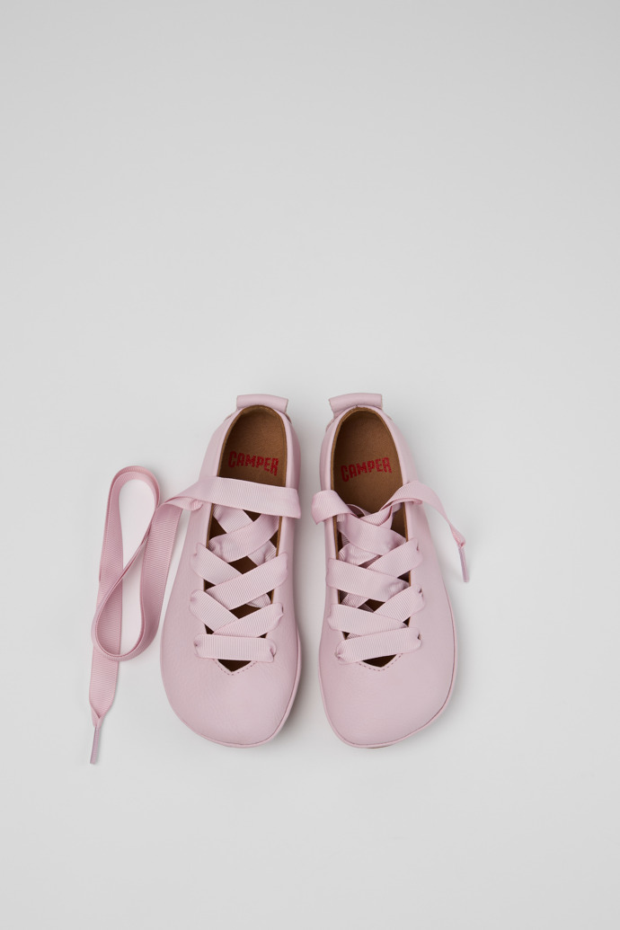 Overhead view of Right Pink Leather Ballerinas for kids.