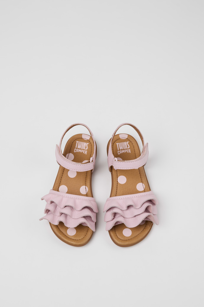Overhead view of Twins Pink Leather Sandals for kids.