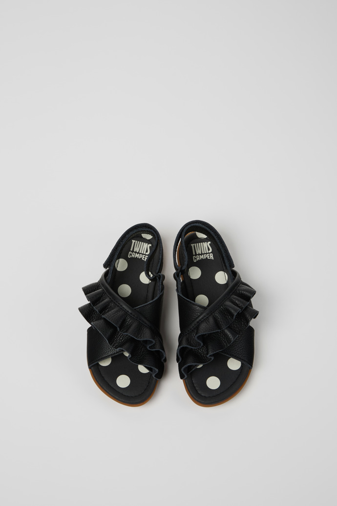 Overhead view of Twins Black Leather Sandals for kids.