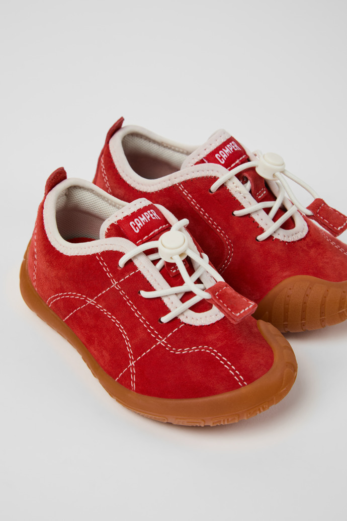 Close-up view of Peu Path Red Nubuck Leather Sneakers for kids.