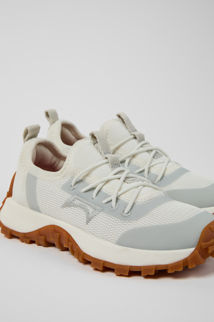 Close-up view of Drift Trail White and Gray Textile and Leather Sneakers for kids.