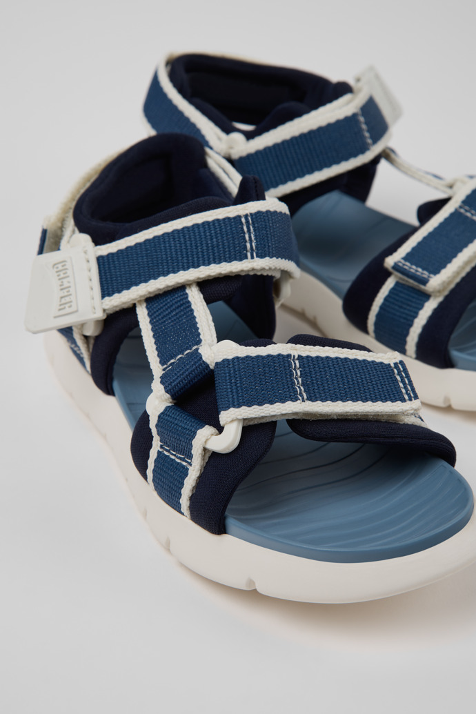 Close-up view of Oruga Blue Textile and Leather Sandals for kids.