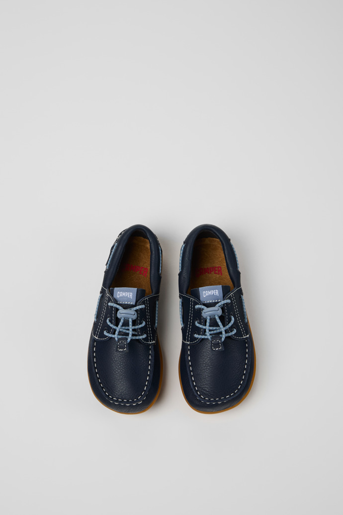 Overhead view of Peu Blue Leather Nautical Shoes for kids.