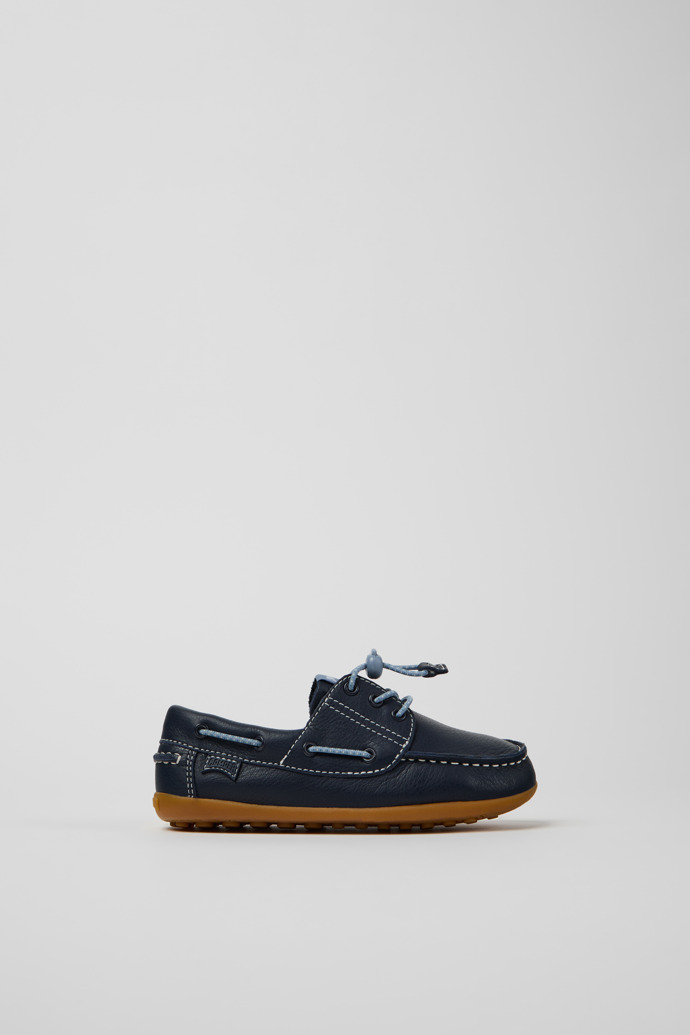 Side view of Peu Blue Leather Nautical Shoes for kids.