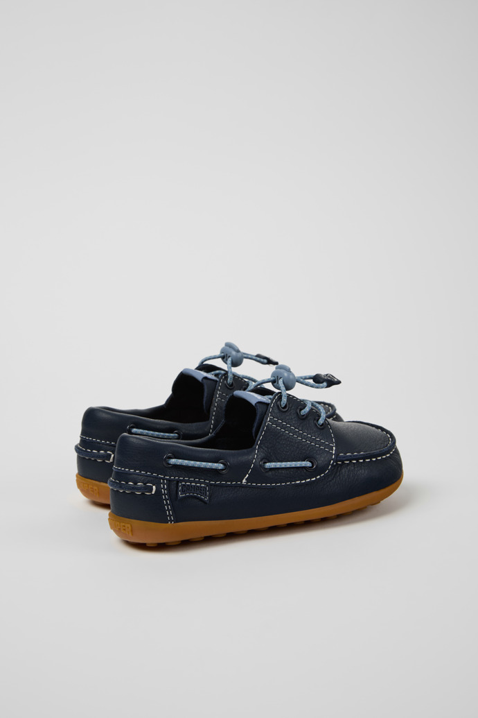 Back view of Peu Blue Leather Nautical Shoes for kids.
