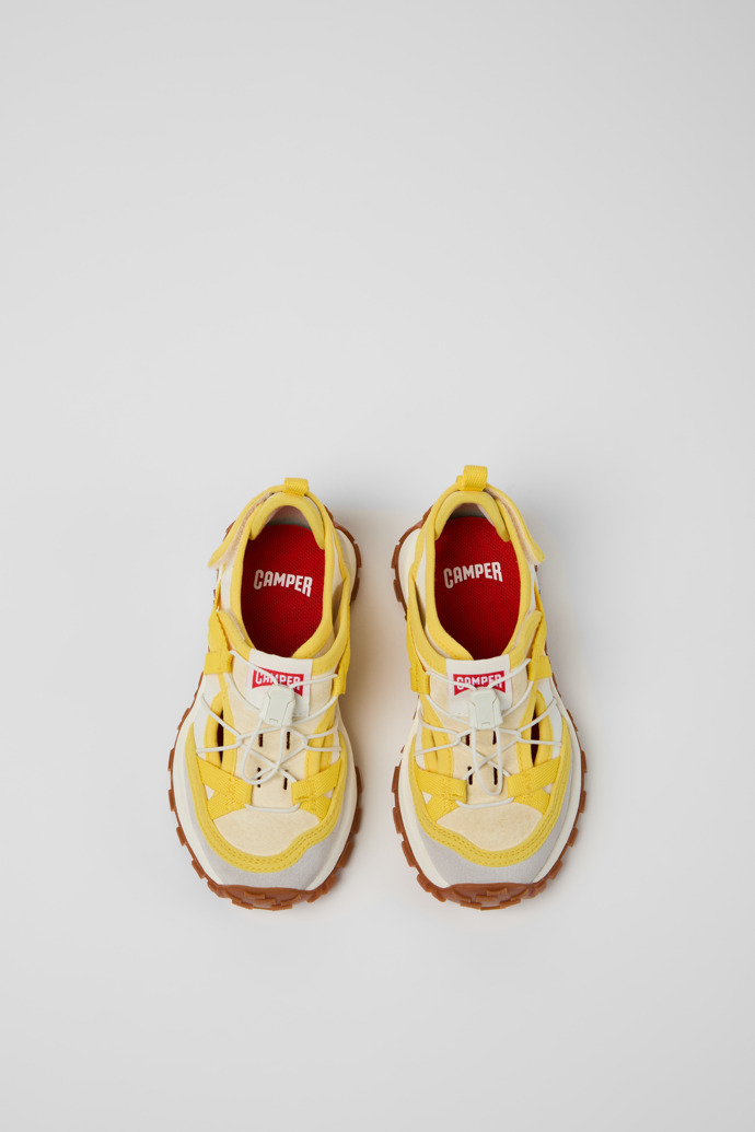Overhead view of Drift Trail White and Yellow Textile and Nubuck Semi-Open Shoes for kids.