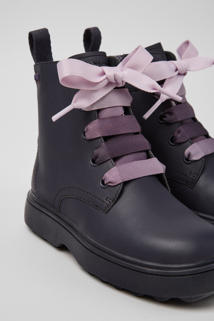 Close-up view of Norte Purple leather ankle boots for kids