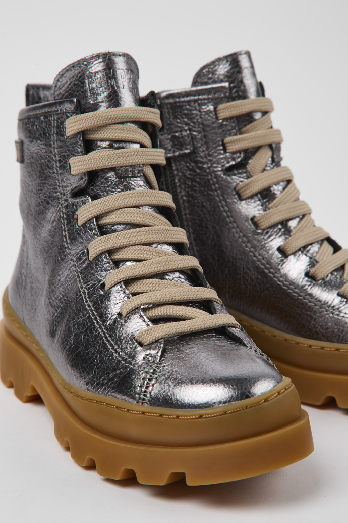Close-up view of Brutus Gray leather ankle boots for kids
