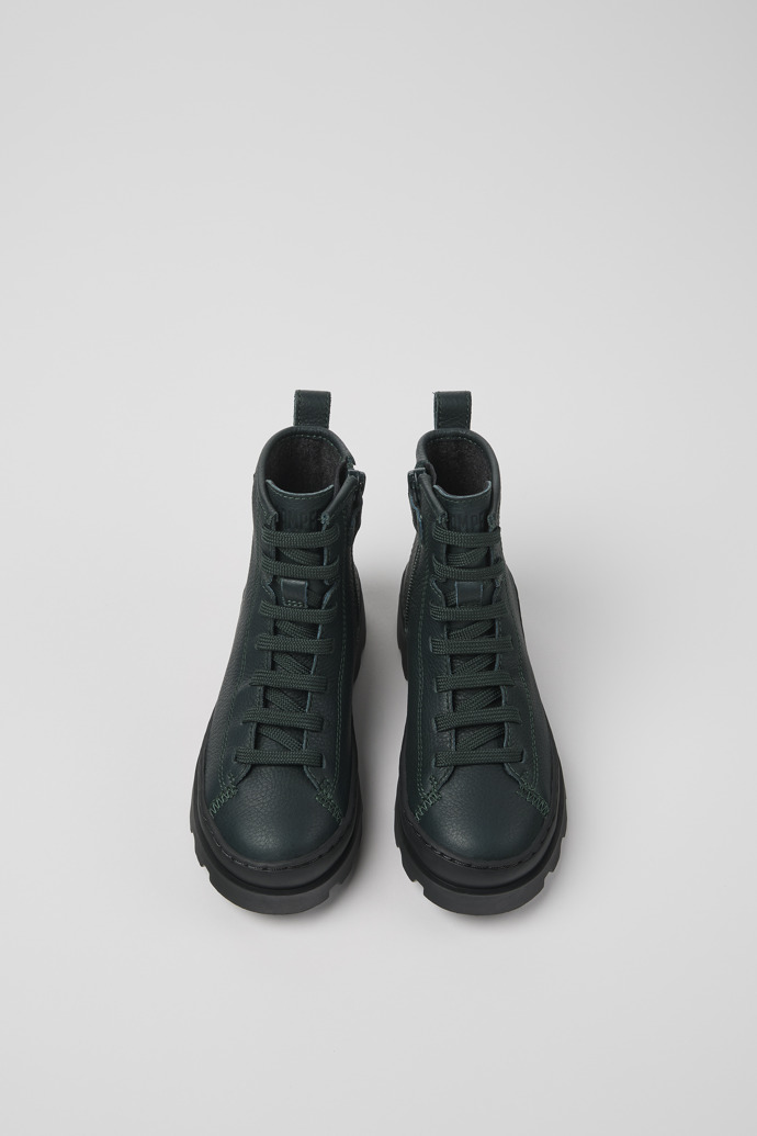 Overhead view of Brutus Dark green leather ankle boots for kids