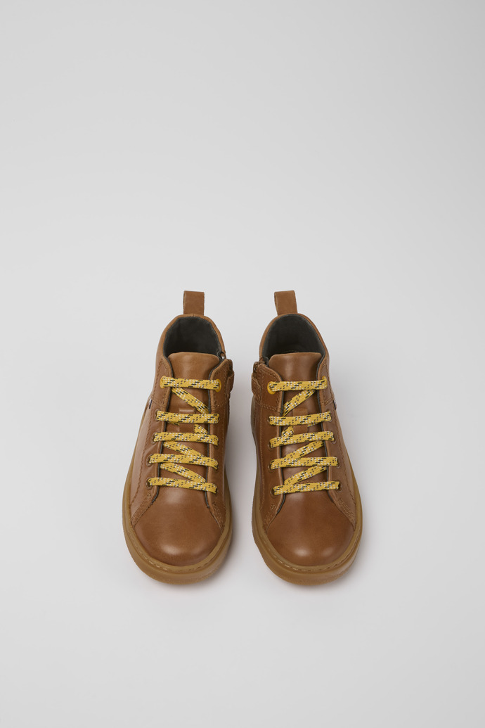 Overhead view of Kido Brown leather ankle boots