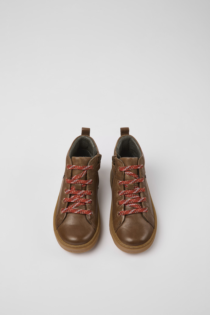 Overhead view of Kido Brown leather ankle boots for kids