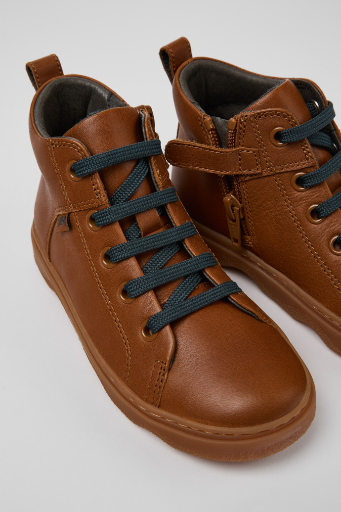 Close-up view of Kiddo Brown leather ankle boots for kids