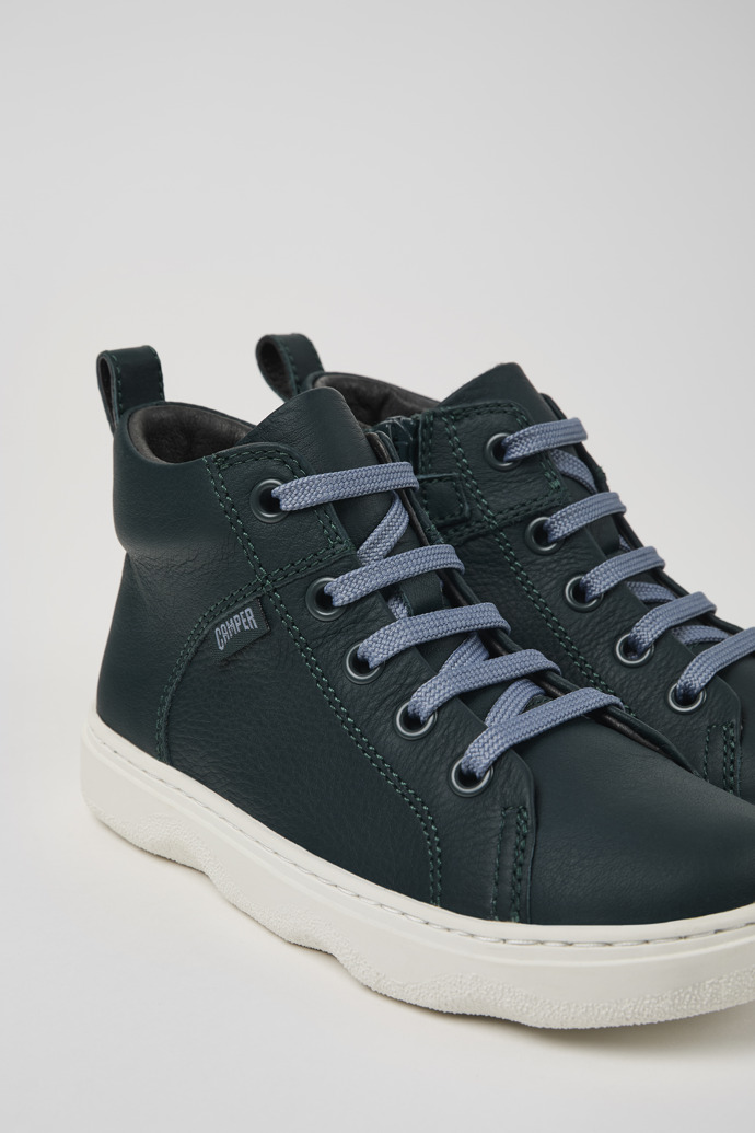 Close-up view of Kiddo Dark green leather ankle boots for kids