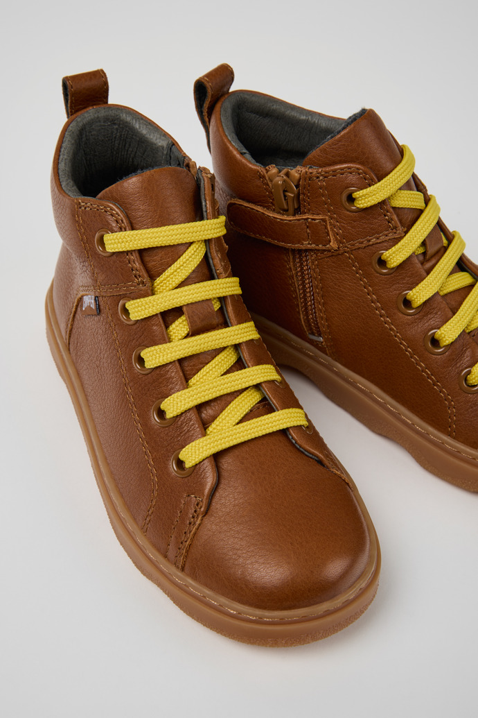 Close-up view of Kiddo Brown Leather Ankle Boots for Kids.