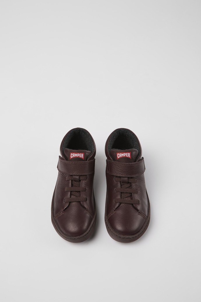 Overhead view of Peu Touring Burgundy leather ankle boots for kids