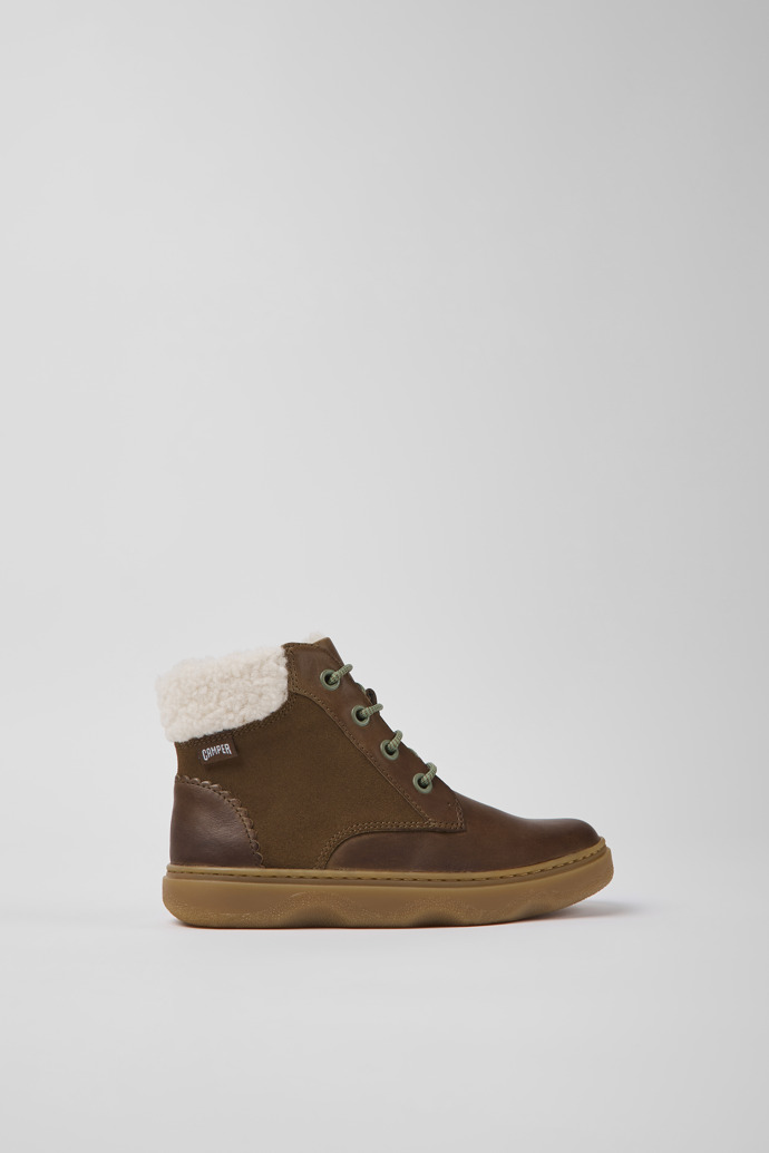 Side view of Kido Brown leather and nubuck ankle boots for kids