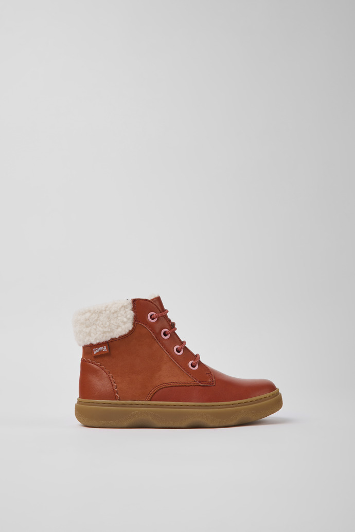 Side view of Kido Red leather and nubuck ankle boots for kids