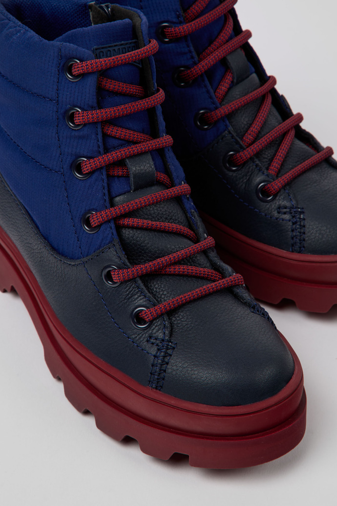 Close-up view of Brutus Blue leather and textile boots
