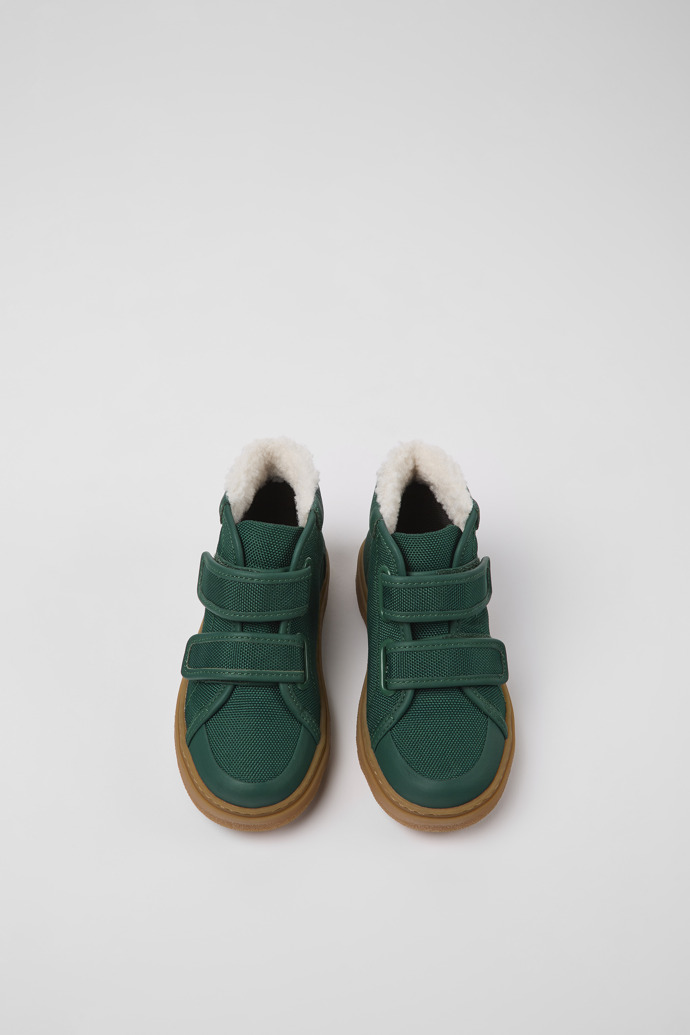 Overhead view of Kido Green leather and textile ankle boots for kids