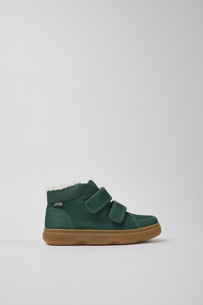 Side view of Kido Green leather and textile ankle boots for kids