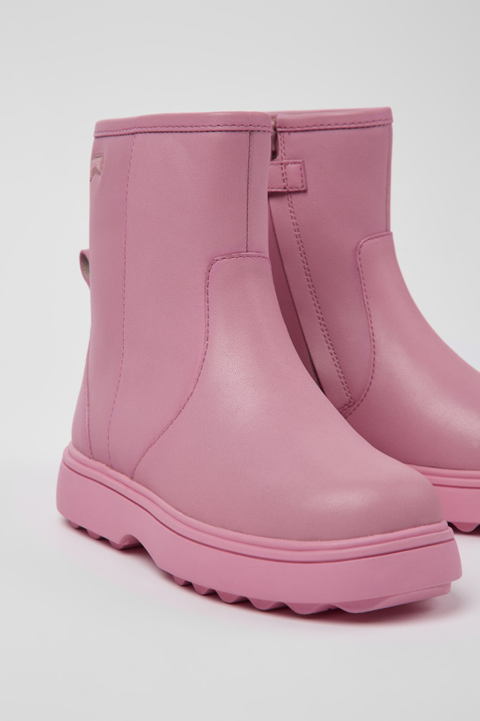 Close-up view of Norte Pink leather ankle boots for kids