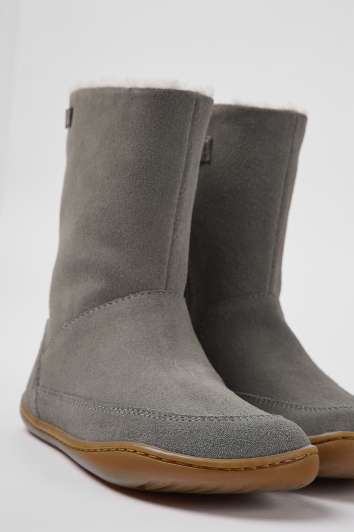 Close-up view of Peu Gray nubuck boots for kids