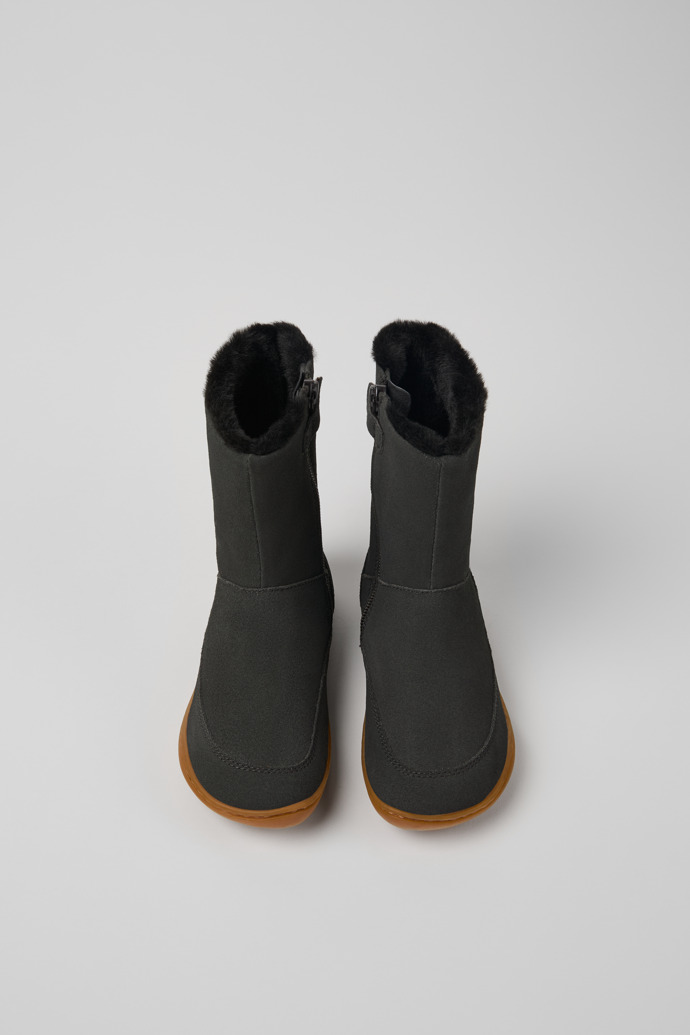 Overhead view of Peu Grey nubuck and leather boots for kids