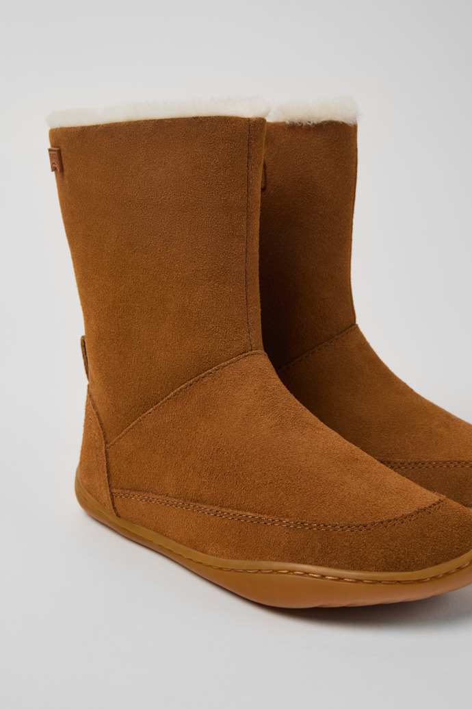 Close-up view of Peu Brown nubuck and leather boots for kids