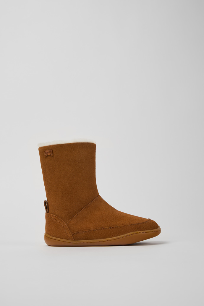 Side view of Peu Brown nubuck and leather boots for kids